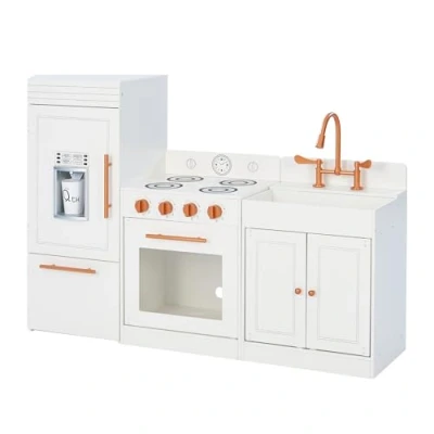 Image of Teamson Kids Little Chef Paris Modular Contemporary Interactive Wooden Play Kitchen with Refrigerator, Oven, Sink, and Storage Space for Easy Clean Up, White Rose Gold Finishes