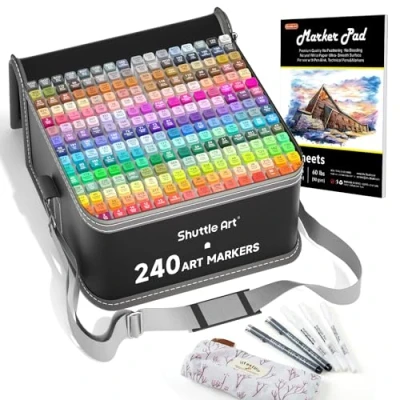 Image of Shuttle Art 240 Colors Alcohol Markers, 239 Dual tip Marker Set Plus Colorless Blender, Micro Pens, White Highlighter Bag with Holders Perfect for Students Adults Coloring