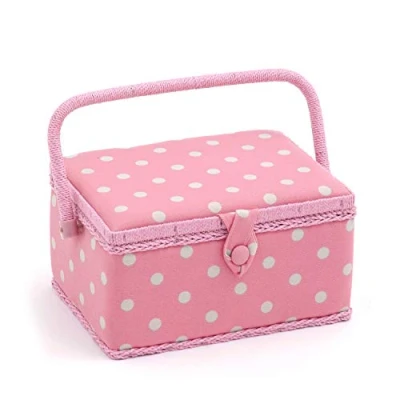 Image of Hobby Gift Exclusive Medium Sewing Craft Storage Box, Accessories Tray Pin Cushion Pocket PVC Handle 18.5 x 25.5 14.5cm, Polka Dot Pink
