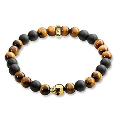 Image of THOMAS SABO Men&#039;s Rebel at Heart Skull Bracelet Gold Plated Silver Tiger&#039;s Eye A1509 881, 17, Sterling Silver, Eye,