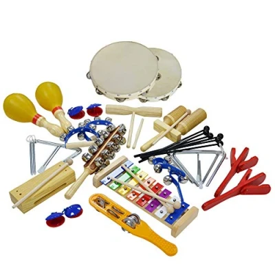 Image of A Star 24 Piece Rhythm Percussion Kit with Plastic Storage Tub, Classroom Wooden Metal Musical Instruments Set