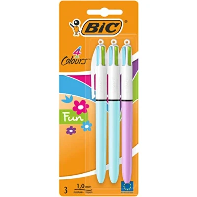 Image of BIC 4 Colours Fun Retractable Ballpoint Pens with Four Ink and Medium Point (1.0 mm), Pack of 3