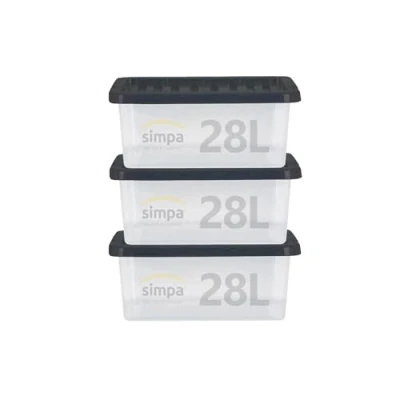 Image of simpa 28 Litre 28L Stackable Underbed Plastic Storage Box with Clear Lid 20cm (H) x 49cm (L) 39cm (W) Set of 3