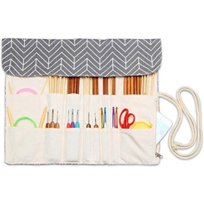 Image of Teamoy Knitting Needle Wrap, Cases with Slots for Needles (up to 14 Inch/35.5cm), Crochet Hooks, Circular and ACCESSORIES NO INCLUDED, Grey