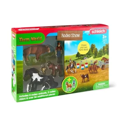 Image of Schleich Rodeo Show 42 Piece Toys Playset with Cowboy and Cowgirl Barrel Racing, Western Riding Calf Roping Cow