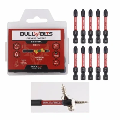 Image of 10x Bull Bits 50mm PH2 Impact Screwdriver Drill Driver Set Phillips No.2 Compatible with DeWalt, Milwaukee, Bosch, Makita, and More