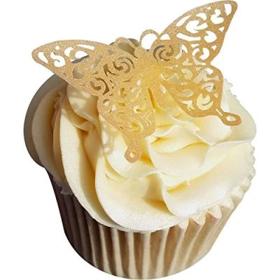 Image of Pack of 24 Delicate and Finely Detailed Gold Lace Effect Edible Wafer Butterflies by CDA Products 201 253 Great for Golden Wedding Anniversary (50th) Celebrations or Special Birthday Cakes