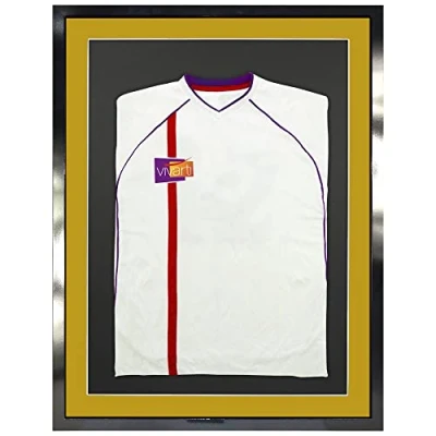 Image of Vivarti DIY Adult 3D Mounted Sports Shirt Display Frame for Football Shirt, Rugby Band T Shadow Box 60 x 80cm Gloss Black Frame, Gold Mount, Backing Card