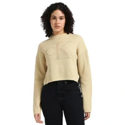Image of Calvin Klein Jeans LOGO Intarsia Regular Jumper, Women&#039;s, Size: XL, Pale khaki