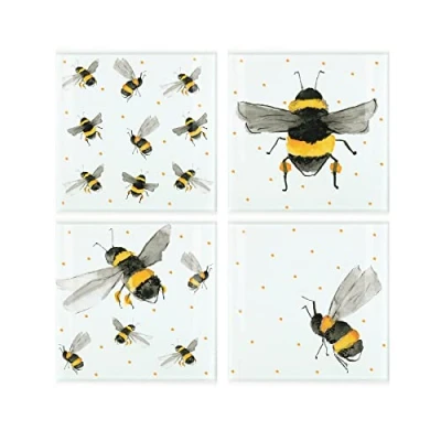Image of Scattered Bees Glass Coaster Set Square Painted Bumblebees &amp; Dots By Rhiannon Chauncey of Four (4) Coasters