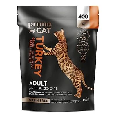 Image of PrimaCat Complete Dry Grain Free Turkey and Insect Flavoured Cat Food, Sterilised Adult 400g