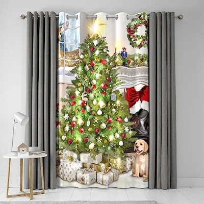 Image of Fusion Christmas Tree &amp; Dogs Curtain W55 x L84 (138 214cm) Eyelet Golden Retriever Puppies Gifts for Bedroom/Living Room Decorations