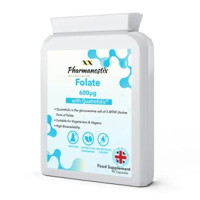 Image of Folic Acid 600µg 90 Capsules as Quatrefolic Methyl Folate 5 MTHF Supplement The 4th Generation of Superior Bioavailable Activated Vitamin B9 UK Manufactured Pharmanostix