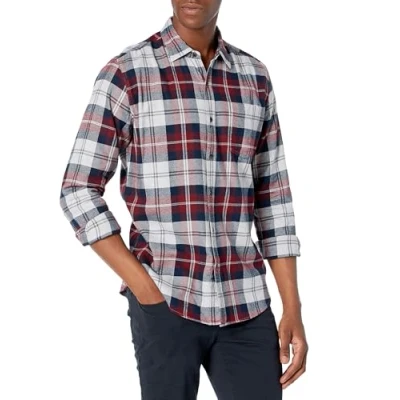 Image of Amazon Essentials Men&#039;s Long Sleeve Flannel Shirt (Available in Big &amp; Tall), Burgundy Grey Plaid, XL