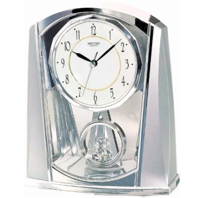 Image of Rhythm Contemporary Mantel Clock Chrome Colour with Pendulum