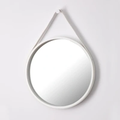 Image of ASPECT M31W Leather Strap Wooden Wall Round Hanging Decorative Vanity Mirror (White, 50 Dia cm)