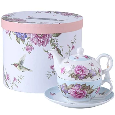 Image of London Boutique Tea for One Teapot Cup suacer Set Shaby Chic Flora Bird Rose Butterfly Porcelain Gift Box (Blue)