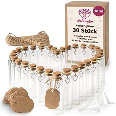Image of WeddingTree 30x18ml Small Glass Bottles with Cork Lids Mini Heart Pendant and Funnel for Presents Wedding Decoration Spices