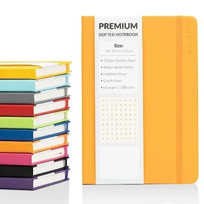 Image of Bullet Journal A5 Dotted Notebook with Faux Leather Hardback Cover and Premium 120gsm Thick Dot Grid Paper (128 Cream Pages, Orange)
