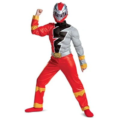 Image of DISGUISE Official Red Power Rangers Costume Kids, Muscle Dino Fury Fancy Dress Up Outfit Suit Costumes for Boys L