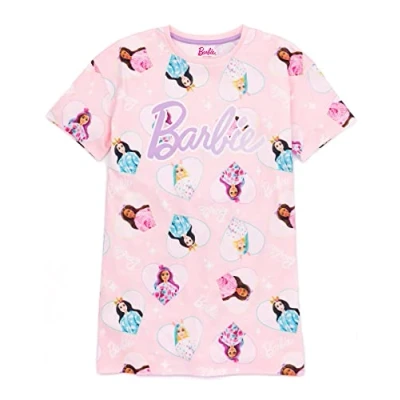 Image of Barbie Girls Nightdress Pyjama Pink Short Sleeve Nightie for Kids Doll &amp; Unicorn Classic Logo All Over Print Graphic Sleepwear Movie Toy Nightwear Clothing Merchandise Gift Children