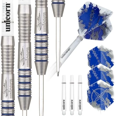 Image of Unicorn Steel Tip Darts Set Gary &#039;The Flying Scotsman&#039; Anderson Silver Star 80% Natural Tungsten Barrels with Blue Accents 25 g