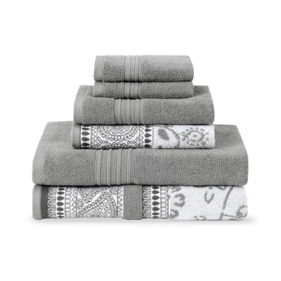 Image of Modern Threads 6 Piece Set, 2 Bath Towels, Hand Washcloths Yarn Dyed Jacquard/Solid Towel Set Ophelia Stone