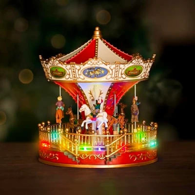 Image of Marco Paul Christmas Scene Traditional Festive Village Light Up Decoration Ornament With LED Multi Colour Xmas Lights Battery Operated (Light Carousel)