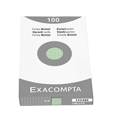 Image of Exacompta Ref 13248E Bristol Squared Records Cards (Pack of 100) A5 in Size, 205gsm Card, Compatible with Printers Suitable for Exam Revision &amp; Notes Green