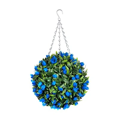 Image of Best Artificial TULIP Flower Ball Lush Long Leaf Topiary Grass (28cm, Blue)