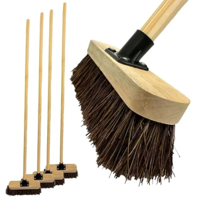Image of LSC 10 Garden Broom with Wooden Handle Heavy Duty Outdoor Yard Brush Stiff Bristles Durable Support Bracket for Sweeping Patio &amp; (PACK OF 4)