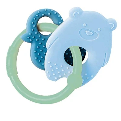 Image of Nattou 2 in 1 Animal Teether Ring + Rattle, BPA Free Silicone Teething Soother, Easy To Grab/Hold For Newborn, Wipe Clean, 6 Months+, Bear &amp; Duck Green
