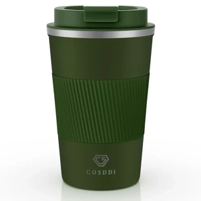 Image of CS COSDDI Travel Mugs, Insulated Coffee Cup with Leakproof Lid Reusable Cups Car Stainless Steel Mug for Hot and Cold Water Tea (Green A, 380 ml)