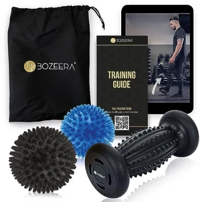 Image of BOZEERA Foot Roller &amp; Spiky Massage Ball Set 1x Massager Roller, 2X Spikey for Plantar Fasciitis, Back, Legs, Feet Relief Includes Video, Poster Bag