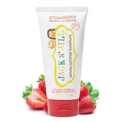 Image of Jack N&#039; Jill Natural Certified Toothpaste Baby &amp; Toddler Toothpaste, Fluoride Free, 40% Xylitol, Organic Sugar Safe for 6 Months and Up, Makes Tooth Brushing Fun, Mega Berry Strawberry 200g