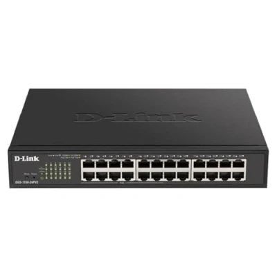 Image of D Link DGS 1100 24PV2 24 Port Gigabit PoE Smart Managed Switch with 12 Ports, 100W power budget, 802.3af/at, VLAN support, layer 2 features, QoS, 802.3az EEE, Fanless, Black