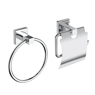 Image of EMKE Towel Holder Sets Bathroom, 2 Pieces Stainless Steel Bathroom Accessory Set Self Adhesive Wall Mounted Set, Ring and Toilet Paper with Lid Chrome