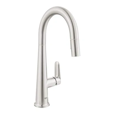Image of GROHE Veletto Single Lever Kitchen Sink Pull Out Mixer Tap (High C Spout, 2 Spray Options, 28 mm Ceramic Cartridge, 360 Swivel Range, Tails 3/8 Inch), QuickMount Included, Stainless Steel, 30419DC0