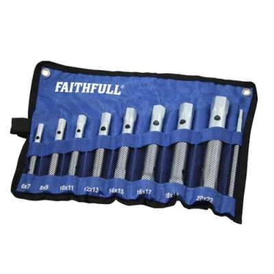 Image of Faithfull Double Ended Box Spanner Set of 8 (16 Sizes: 6 22mm) with Tommy Bar and Storage Roll