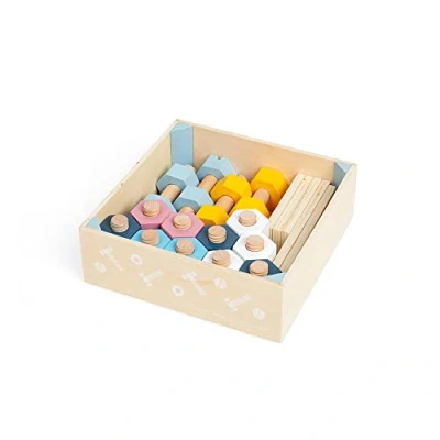 Image of Bigjigs Toys FSC® Certified Crate of Nuts and Bolts (20pc) Eco Friendly Set for 3 year Olds, Sustainable Construction &amp; Wooden Toy Tools