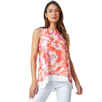 Image of Roman Originals Tie Dye Sleeveless Overlay Top for Women UK Ladies Everyday Holiday Spring Summer Round Neckline Comfy Soft Evening Vacation Work Party Orange White Size 12