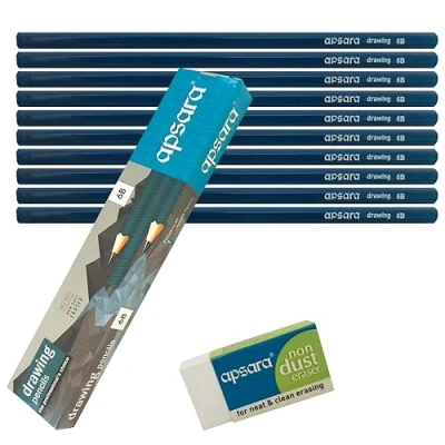 Image of Sketching Pencils, 6B Graded, Pack of 10, Graphite Lead, Professional Artists Drawing Pencils Eraser Pack, Sketch Draw Shade Write, iZOFAX Black Ball Pen