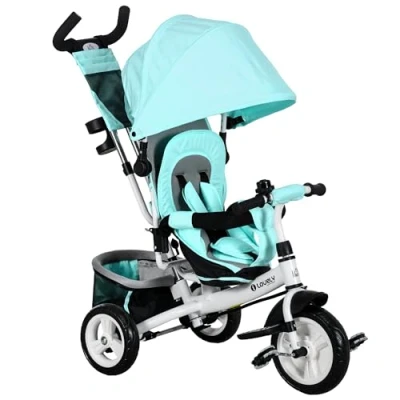Image of HOMCOM 6 in 1 Trike, Kids Tricycle, Pedal Push Bike w/Push Handle, Removable Canopy, 5 point Safety Belt, Storage, Cushion, Footrest, Brake, for Years Toddler, Green