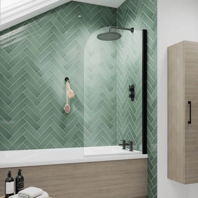 Image of Nuie Pacific Matt Black Profile Round Top Hinged Bath Screen 1430mm h x 790mm w 6mm Glass