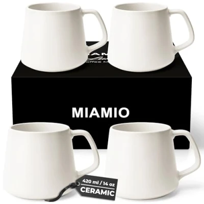 Image of MIAMIO Coffee Mugs Set of 4 / Large Ceramic Cups (420 ml) Mug for Cappuccino, Tea, Espresso Microwave and Dishwasher Safe Luxe Collection (White)