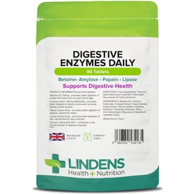 Image of Lindens Digestive Enzymes Daily Tablets 90 UK Made Contains Betaine Hcl, Papain, Amylase &amp; Lipase to Promote Better Digestion Letterbox Friendly, Vegan