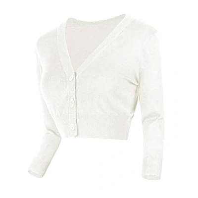 Image of Urban GoCo Women&#039;s 3/4 Sleeve Knitted Cropped Cardigan (S, White)