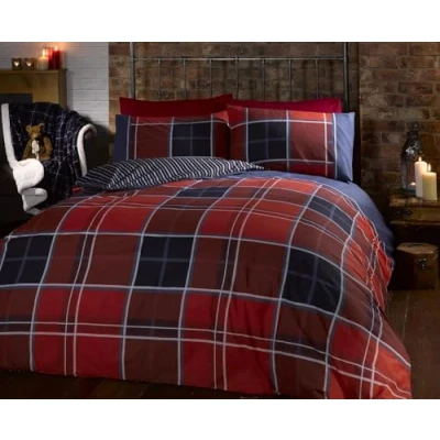 Image of Argyle Single Quilt Duvet Cover and Pillowcase Reversible Bedding Bed Set, Tartan Check Red