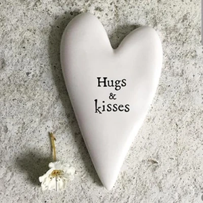 Image of East of India Tiny Porcelain Heart Token With The Words Hugs and Kisses, Gift Token, Keepsake Gift, Heart,