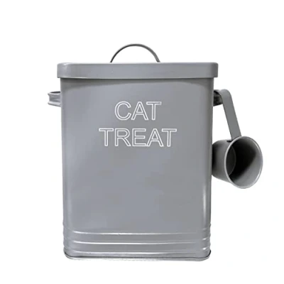 Image of NOBEL Cat Food or Treat Storage Tin with Lid Scoop Non Slip Pads (CAT TREAT, Grey)